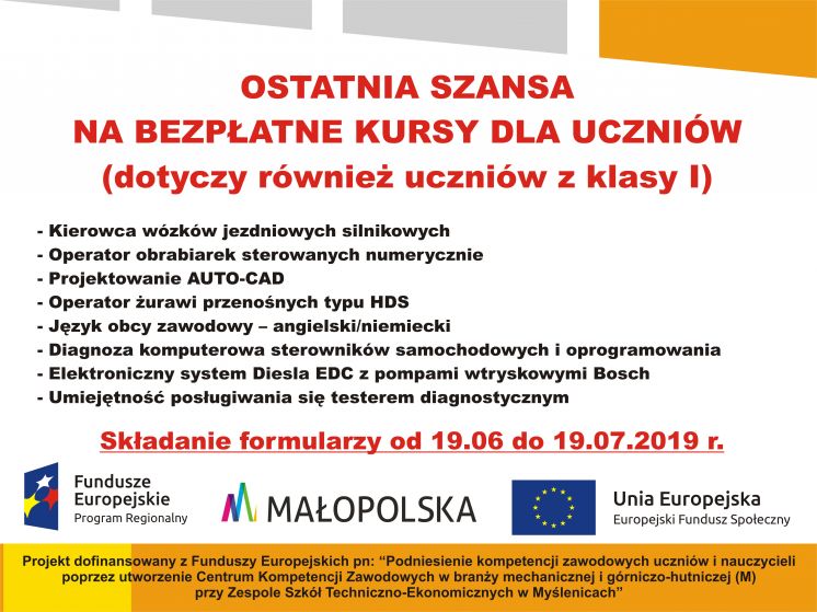 OSTATNIA SZANSA NA BEZPŁATNE KURSY DLA UCZNIÓW