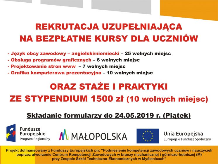 WOLNE MIEJSCA NA BEZPŁATNE KURSY oraz PRAKTYKI I STAŻE ze stypendium 1500zł